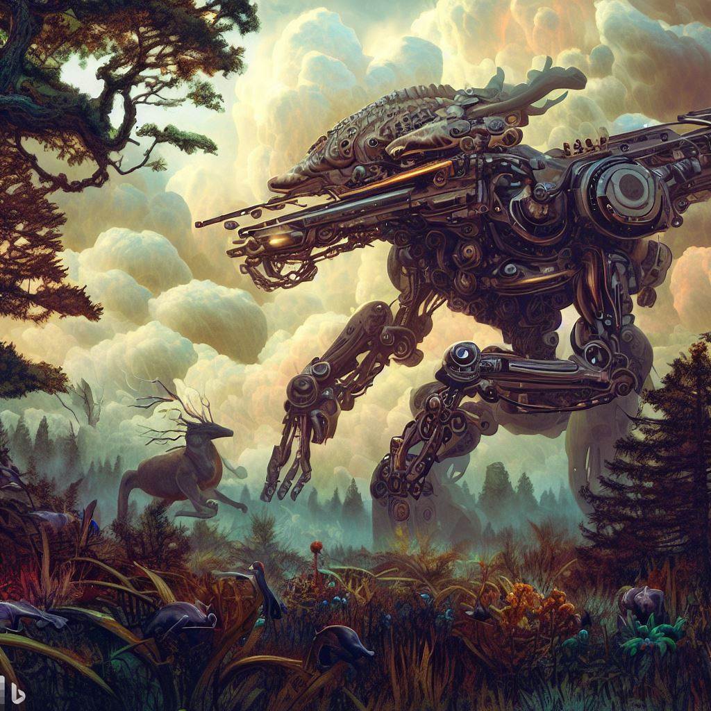 future mech dinosaur with guns fighting in tall forest, wildlife in foreground, surreal clouds, bloom, glass body, h.r. giger style 9.jpg